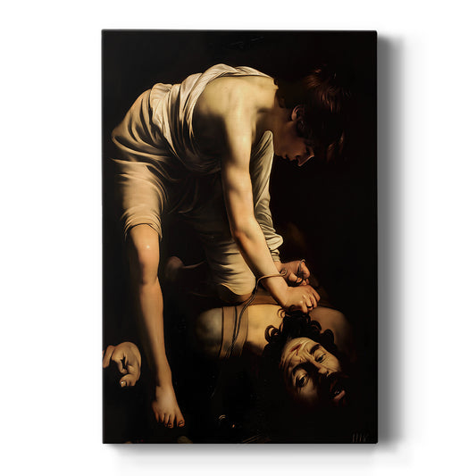 Canvas art print featuring a Baroque scene of David holding Goliath's head in dramatic shadow on a clean white background.