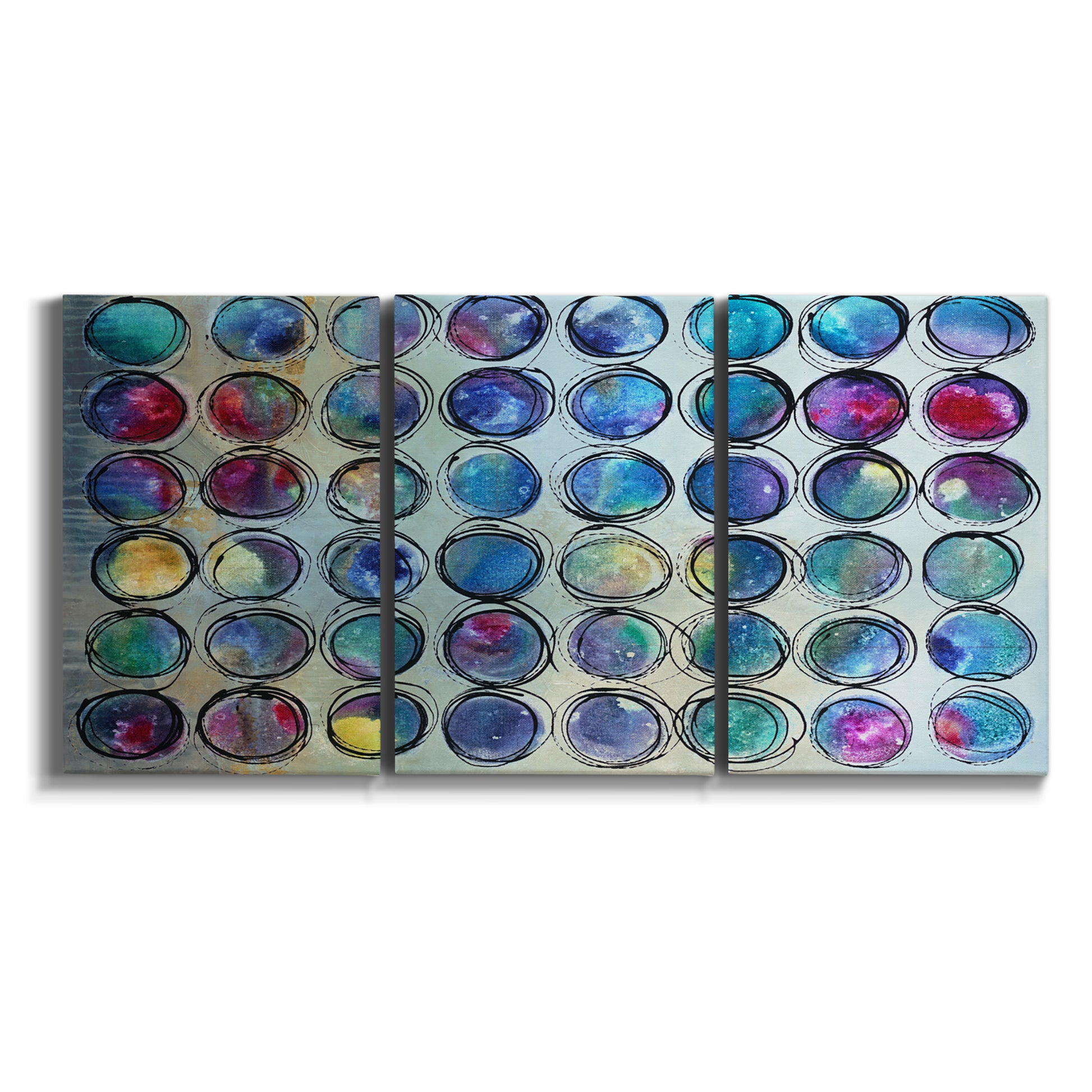 Three-panel canvas wall art featuring contrasting geometric abstract variations on white background.