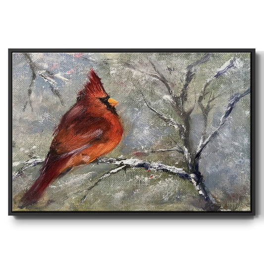 Cardinal in Snow II - Framed Gallery Wrapped Canvas in Floating Frame