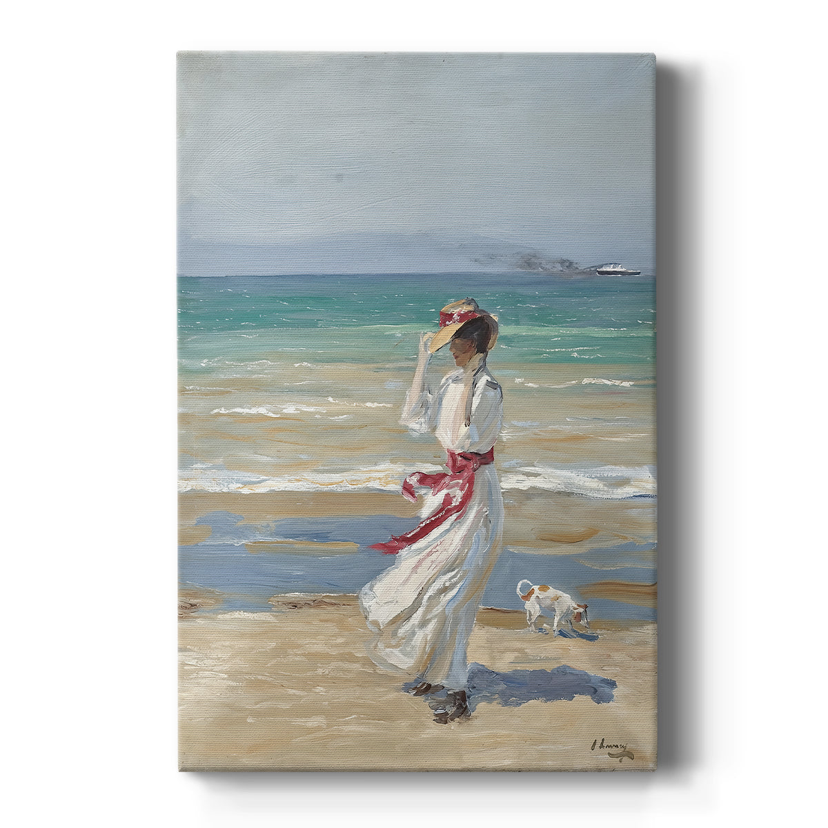 Canvas art print featuring an impressionist beach scene of a woman in flowing dress in strong wind on a clean white background.