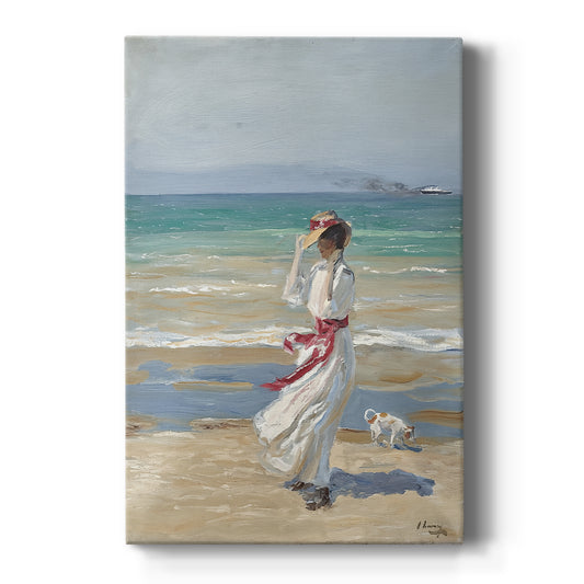 Canvas art print featuring an impressionist beach scene of a woman in flowing dress in strong wind on a clean white background.