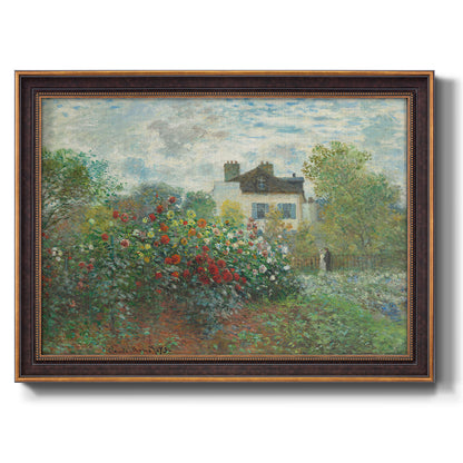 Impressionist garden landscape at Argenteuil by Claude Monet printed on canvas in an ornate bronzed mahogany wood frame.