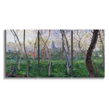Three-panel canvas wall art featuring spring landscape along river on white background.