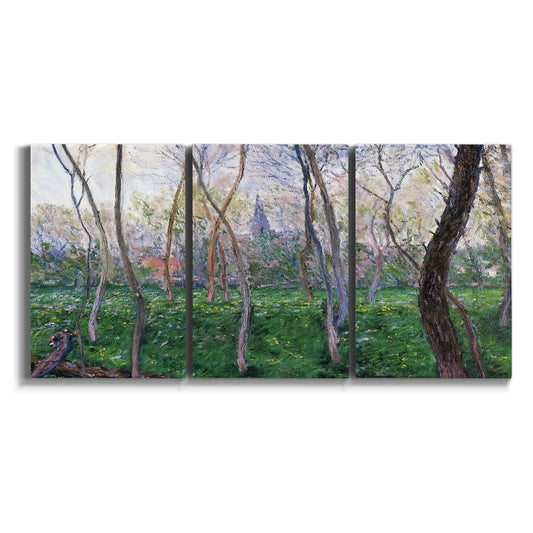 Three-panel canvas wall art featuring spring landscape along river on white background.