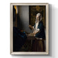 Quiet interior genre scene of a woman with scales by Johannes Vermeer printed on canvas in an ornate champagne frame with a vertical orientation.