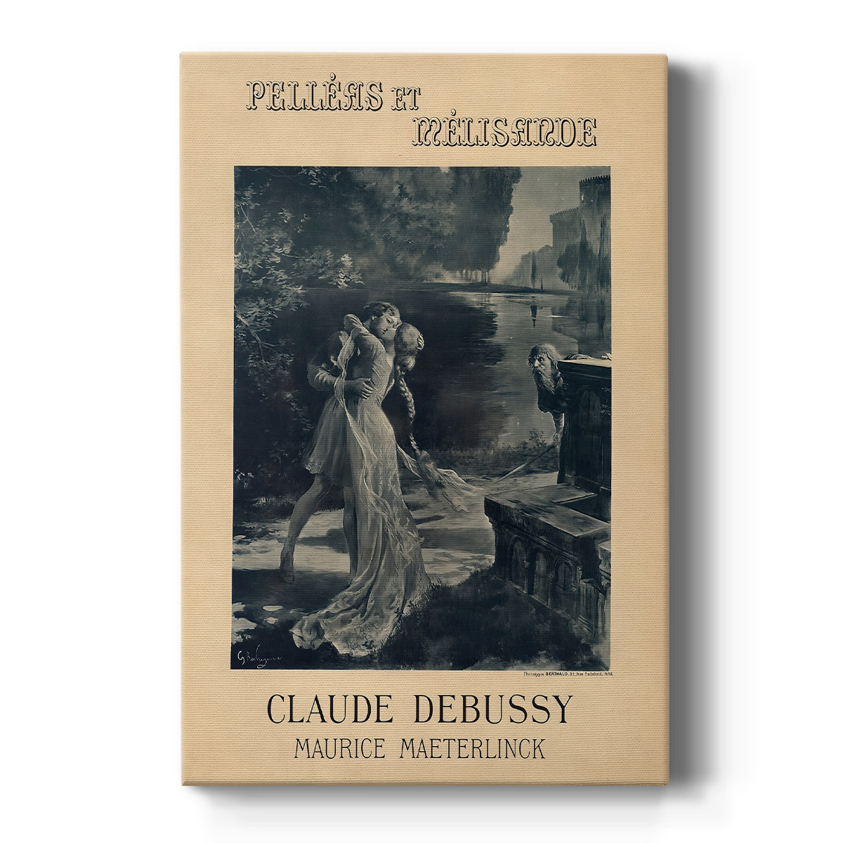 Canvas art print featuring an Art Nouveau poster with figures in a dramatic scene and decorative text on a clean white background.