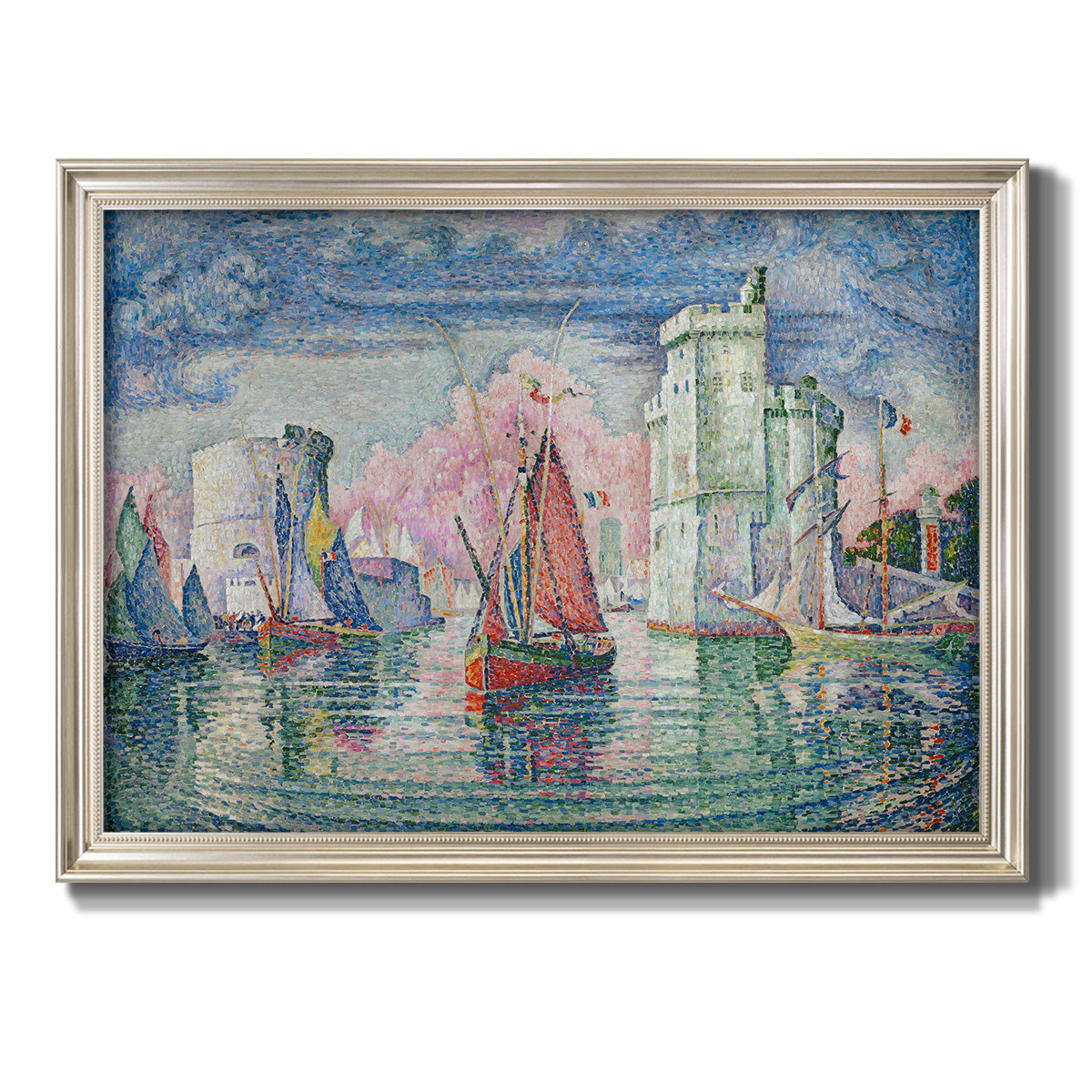 Impressionist harbor scene by Paul Signac printed on canvas in an ornate champagne frame.