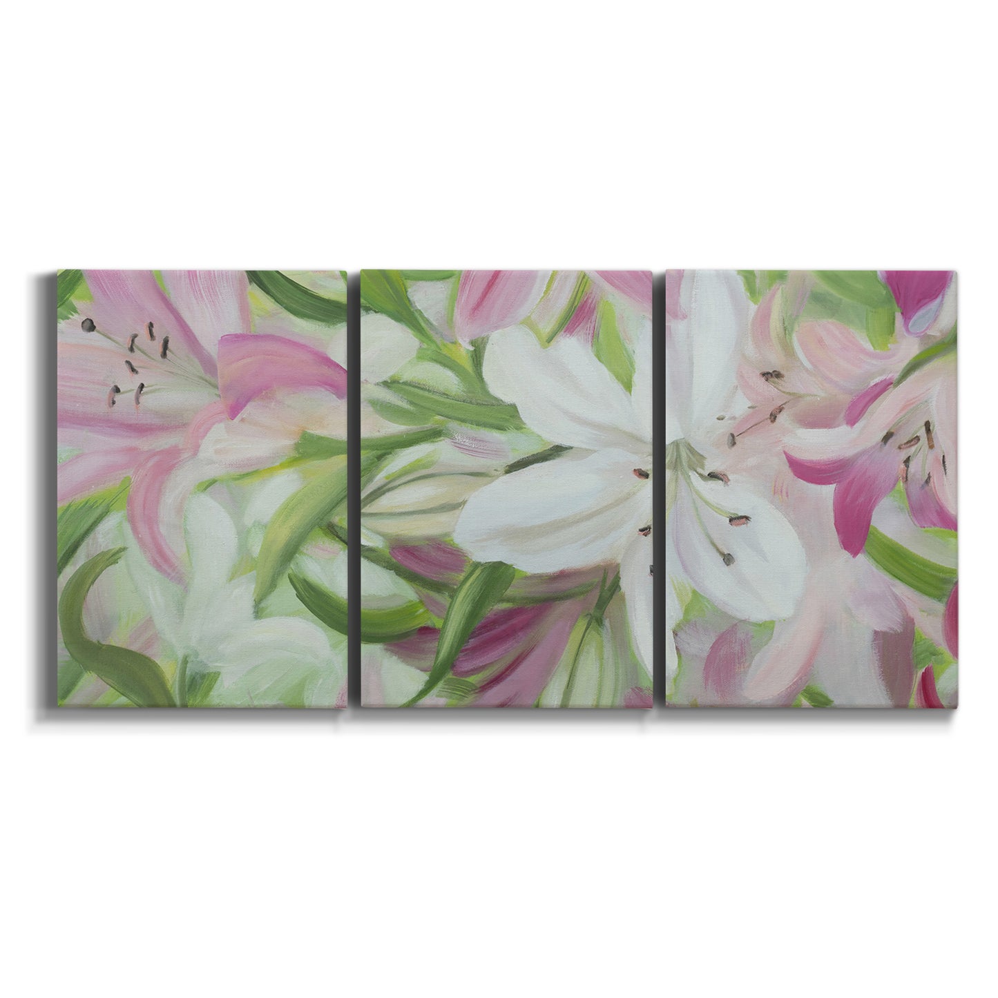 Three-panel canvas wall art featuring pink and white lilies botanical study on white background.