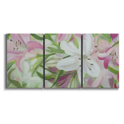 Three-panel canvas wall art featuring pink and white lilies botanical study on white background.