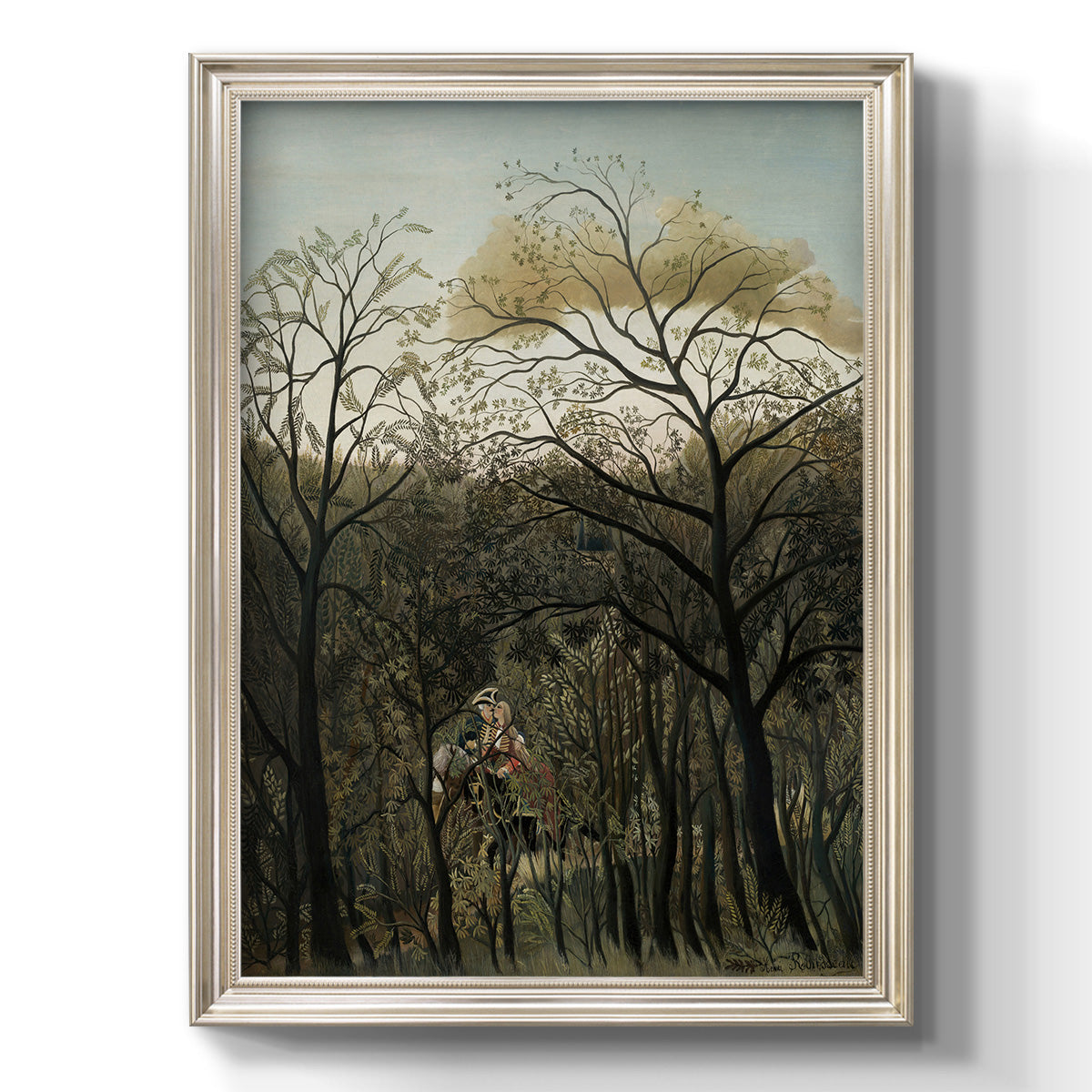 Dreamlike forest landscape scene by Henri Rousseau printed on canvas in an ornate champagne frame with a vertical orientation.
