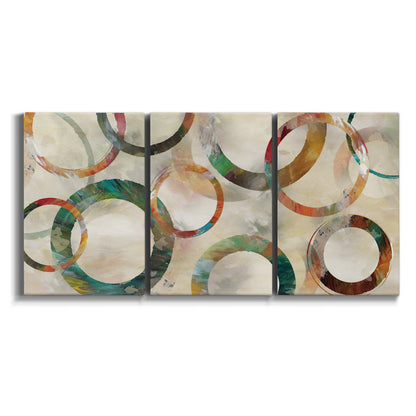 Three-panel canvas wall art featuring geometric circular abstract design on white background.