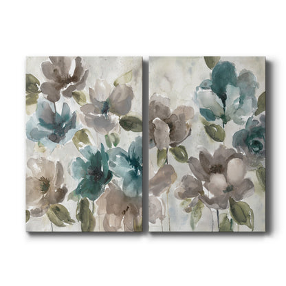 Set of two vertical canvas prints featuring abstract teal and gold botanical artwork, displayed side by side.