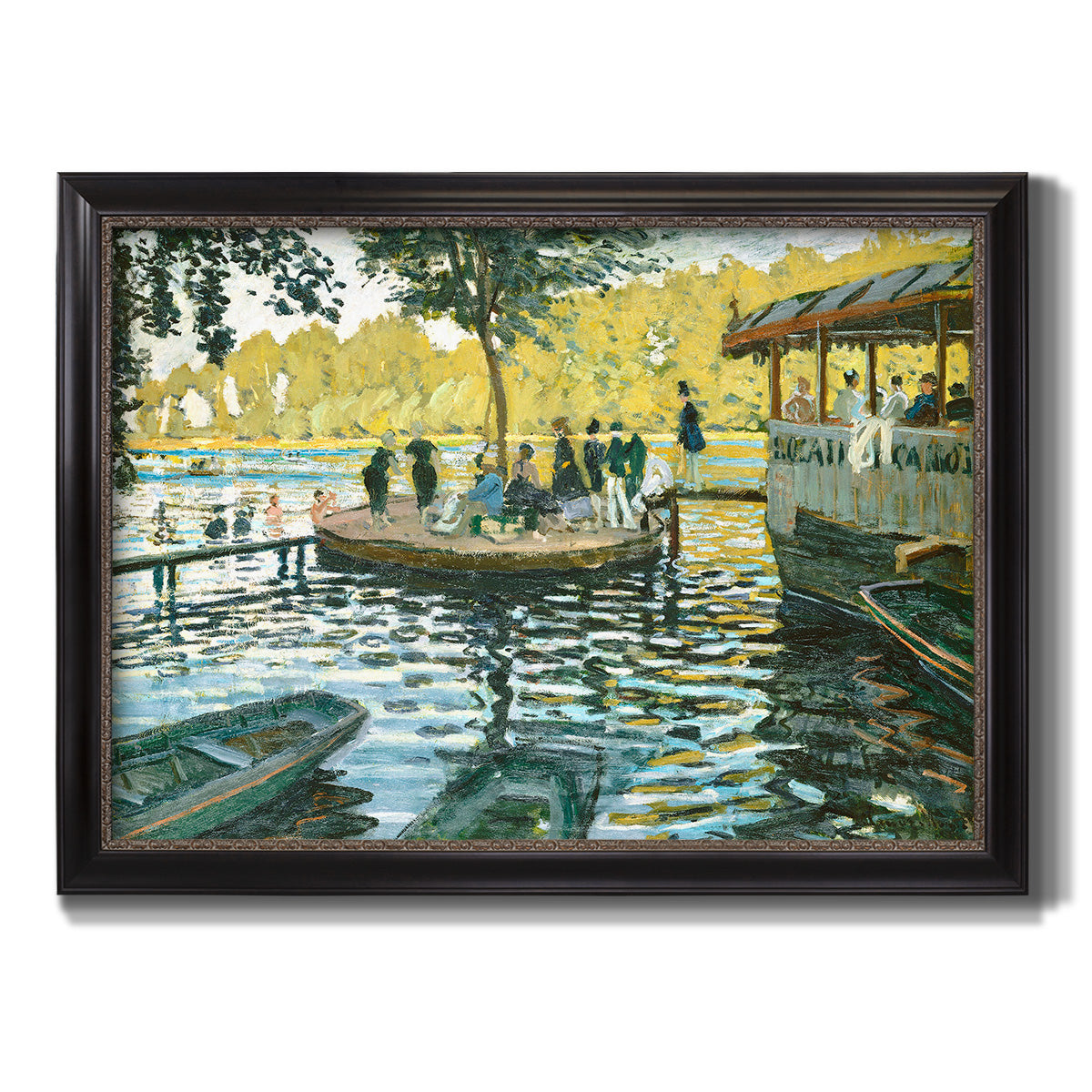 Impressionist riverside leisure scene by Claude Monet printed on canvas in an ornate black frame with gilded inner detail.