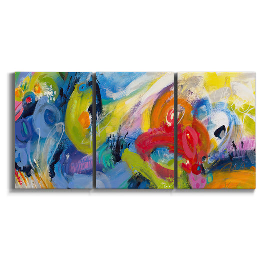 Three-panel canvas wall art featuring colorful abstract racing forms on white background.