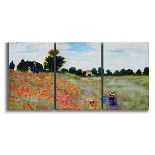 Three-panel canvas wall art featuring bright poppies near riverside town on white background.