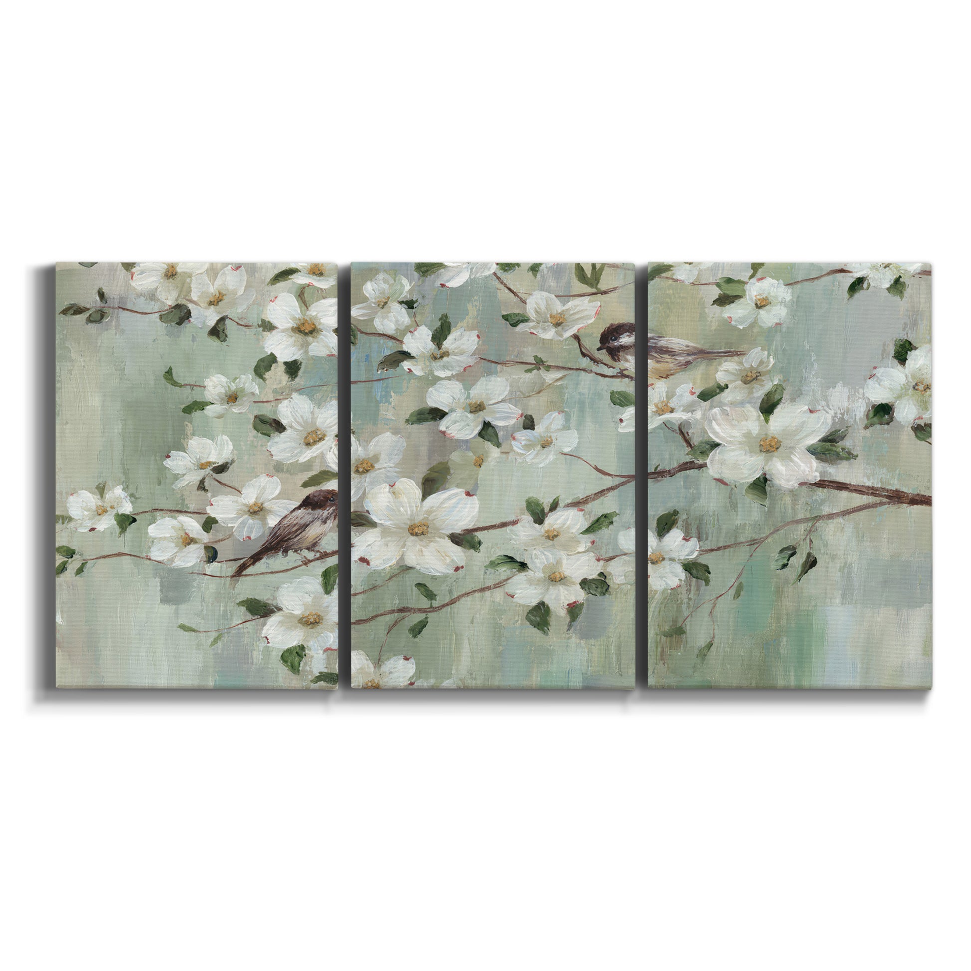 Three-panel canvas wall art featuring delicate spring blossoms with birds on white background.
