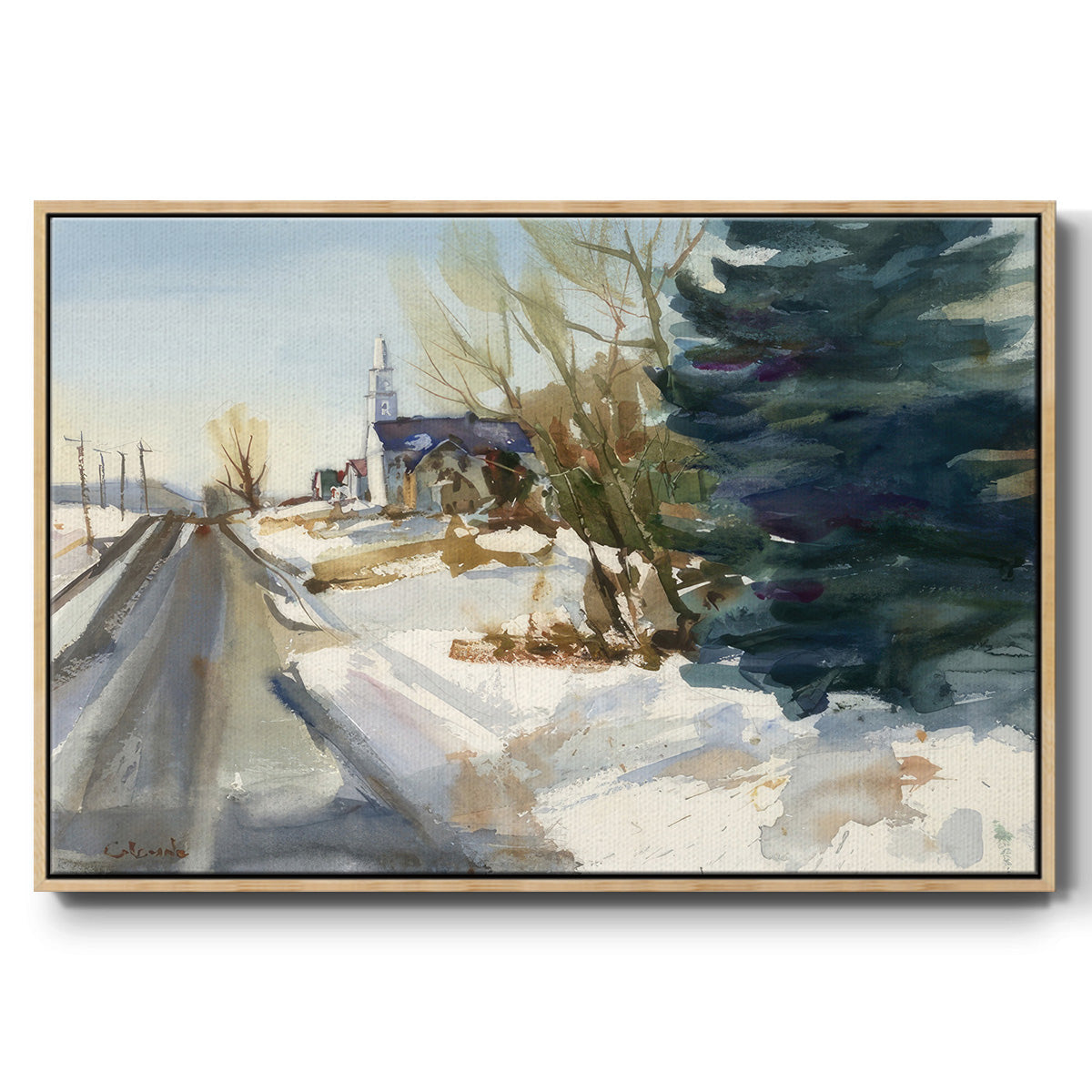 Congregational Church in Winter - Framed Gallery Wrapped Canvas in Floating Frame