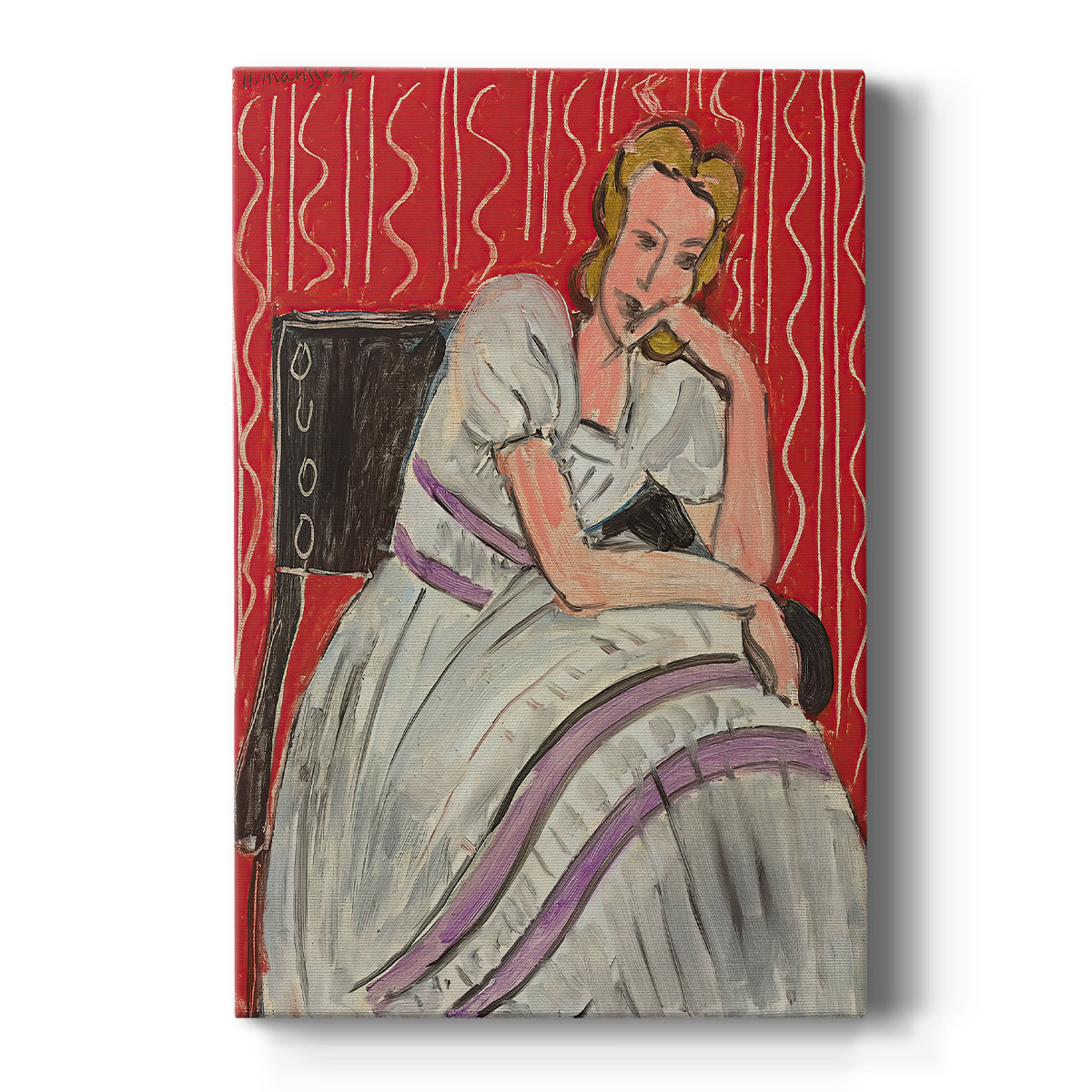 Canvas art print featuring a fauvist portrait of a seated woman in a gray dress with soft contrast on a clean white background.
