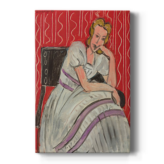Canvas art print featuring a fauvist portrait of a seated woman in a gray dress with soft contrast on a clean white background.