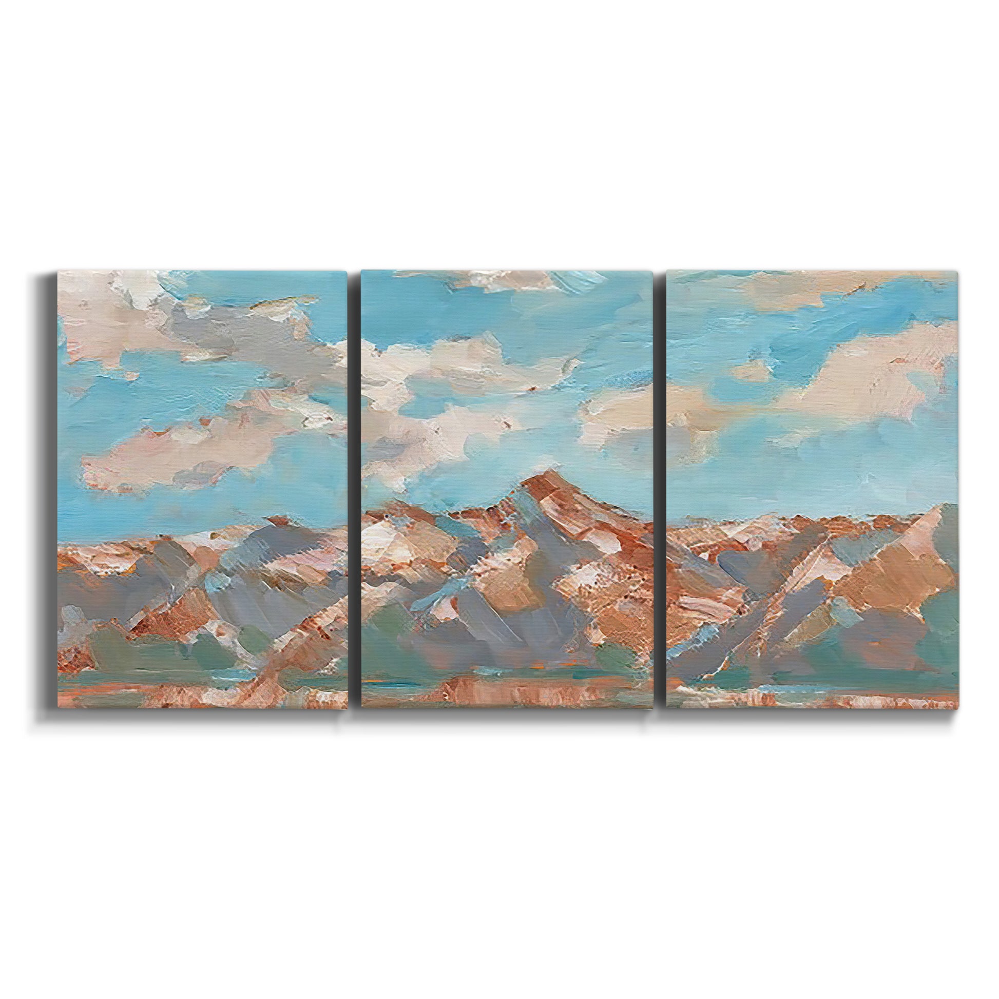 Three-panel canvas wall art featuring soft pastel western hills landscape on white background.