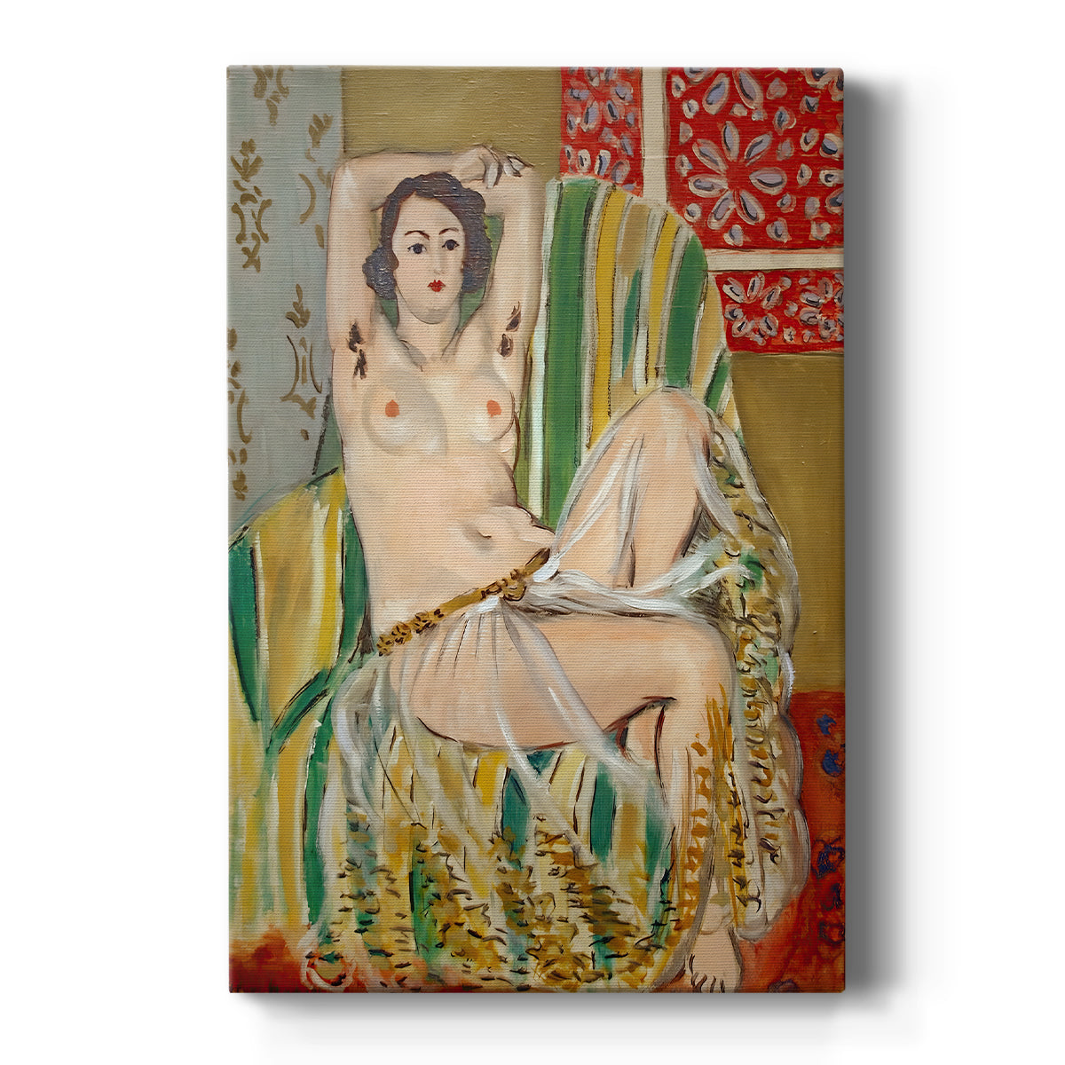 Canvas art print featuring a fauvist portrait of a reclining woman with raised arms in a patterned interior on a clean white background.