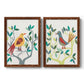 Set of two maple barnwood framed canvas prints featuring two modern folk-art bird illustrations featuring stylized colorful birds perched among leafy branches.