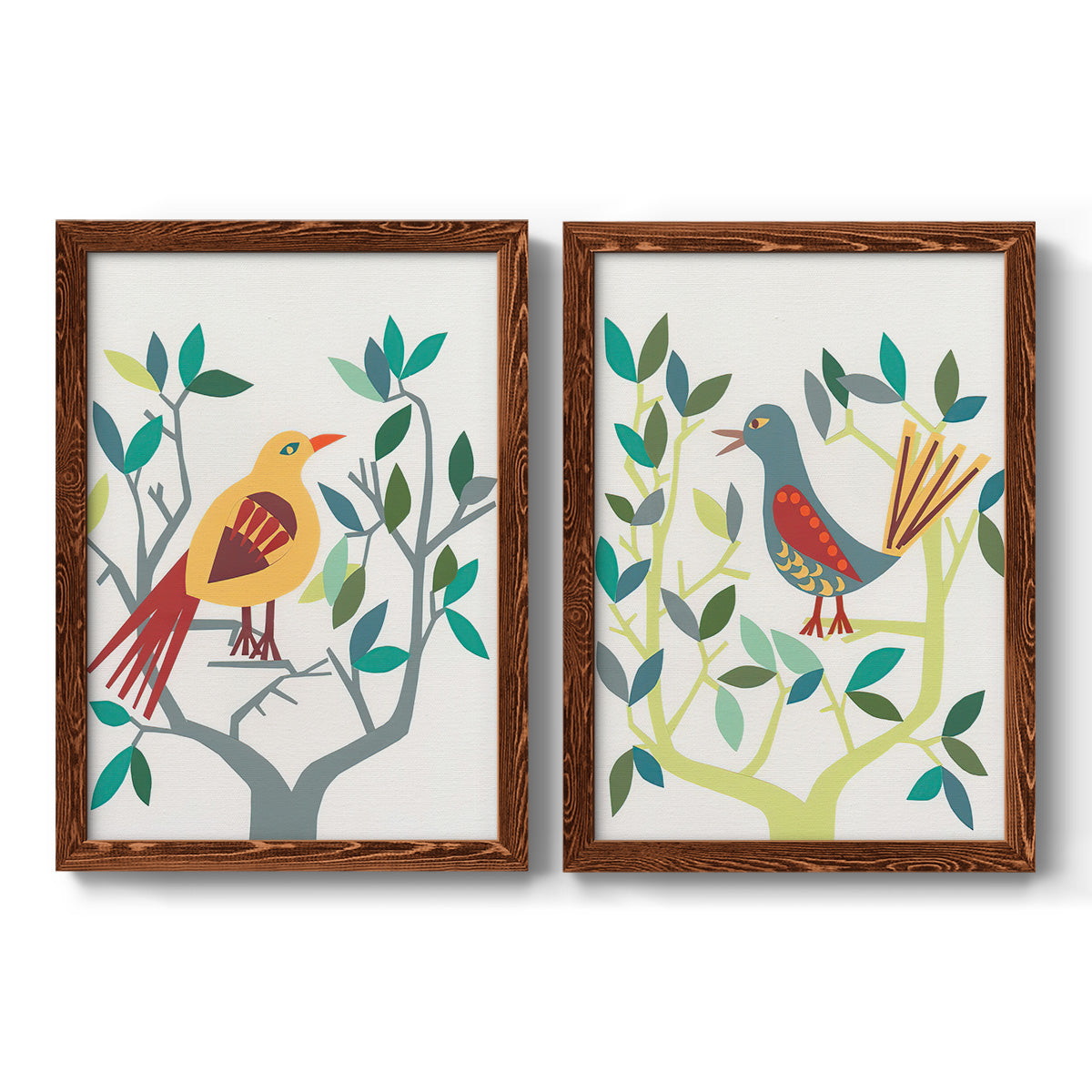 Set of two maple barnwood framed canvas prints featuring two modern folk-art bird illustrations featuring stylized colorful birds perched among leafy branches.