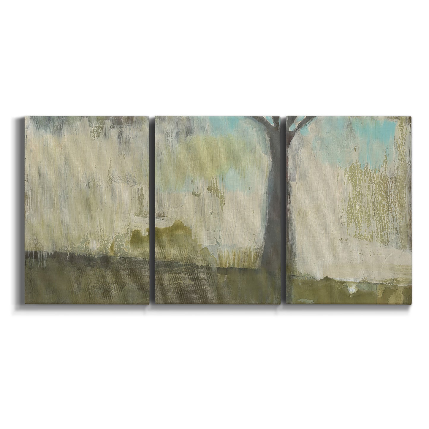Three-panel canvas wall art featuring tall abstract tree form on white background.