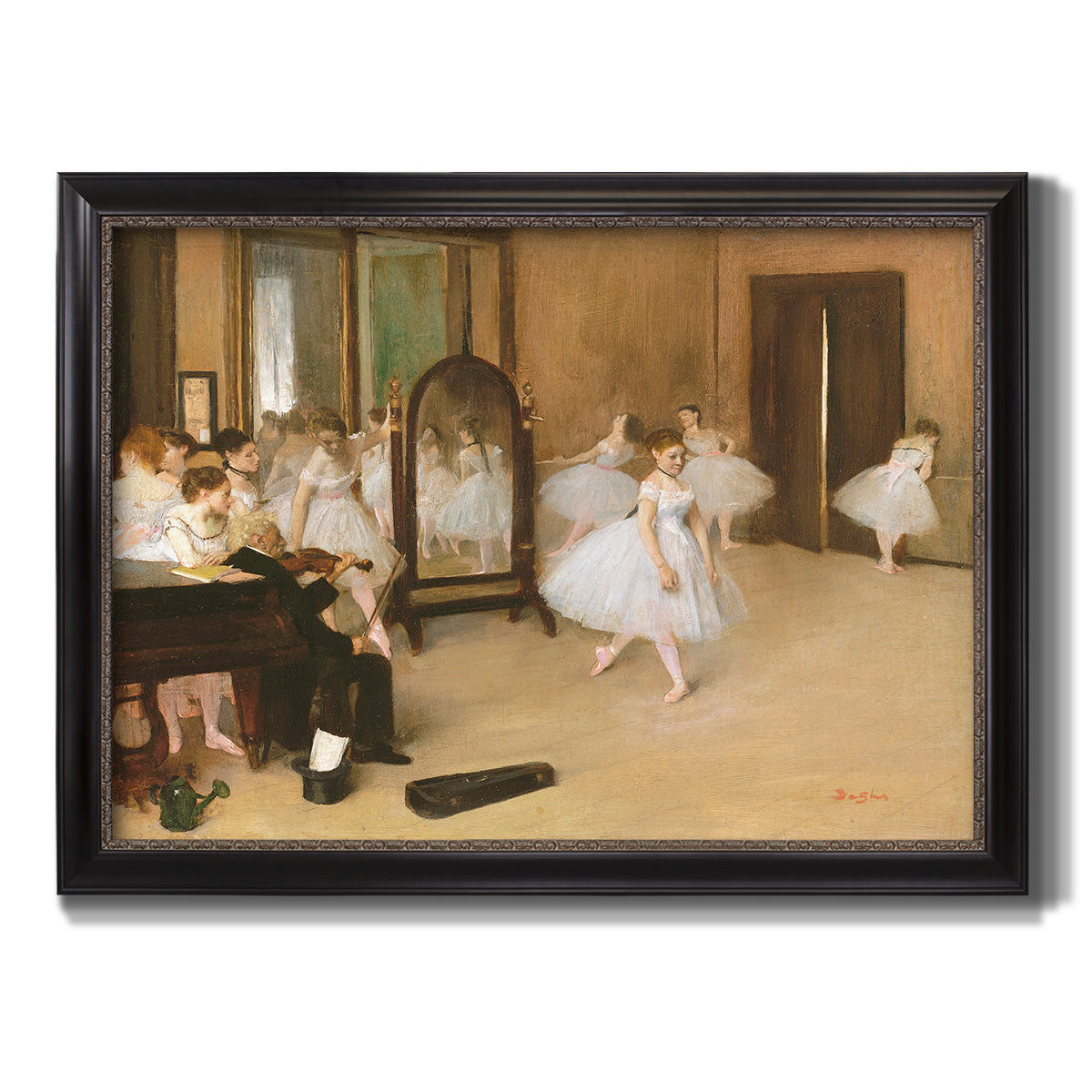 Impressionist dance class interior scene by Edgar Degas printed on canvas in an ornate black frame with gilded inner detail.