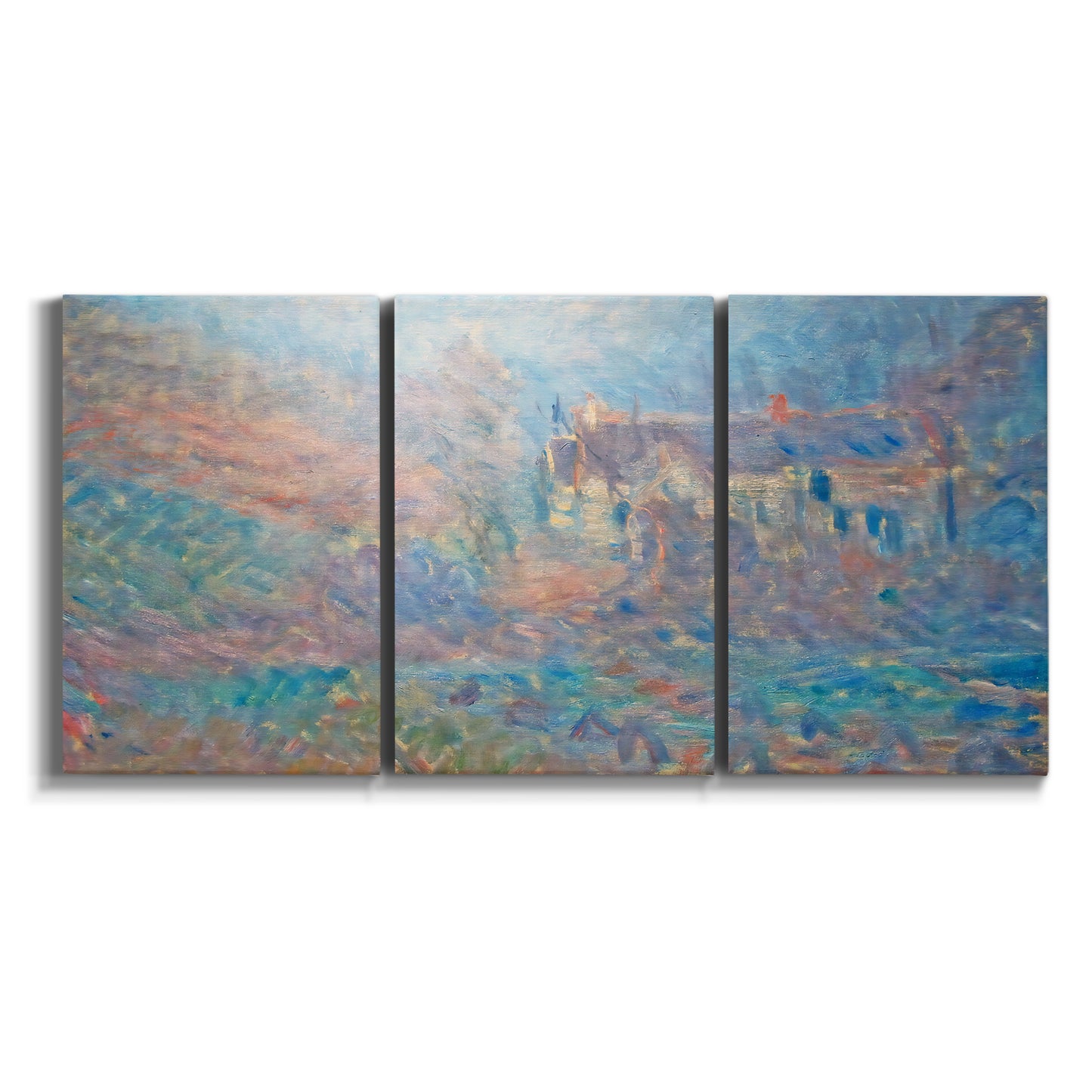 Three-panel canvas wall art featuring sunlit valley landscape on white background.