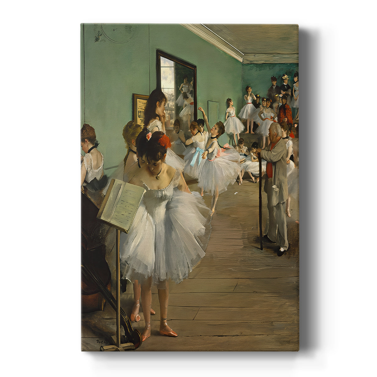 Canvas art print featuring an impressionist scene of ballet dancers practicing in a studio on a clean white background.