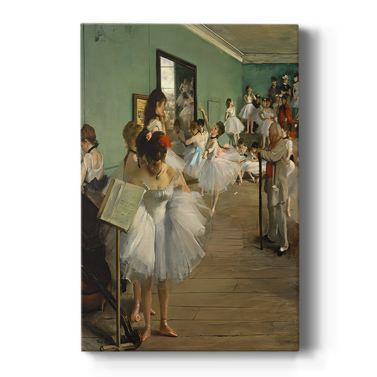 Canvas art print featuring an impressionist scene of ballet dancers practicing in a studio on a clean white background.