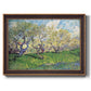 Impressionist spring orchard landscape by Vincent van Gogh printed on canvas in an ornate bronzed mahogany wood frame.