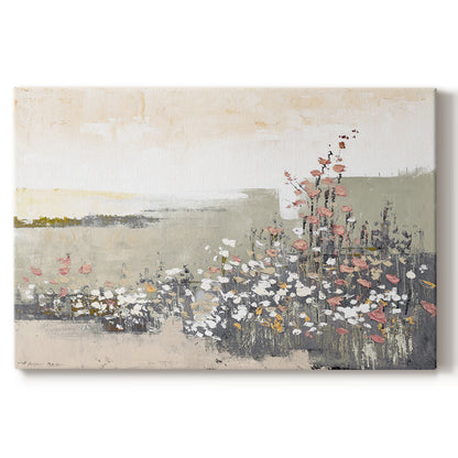 Abstract floral artwork featuring soft pastel colors with a serene background landscape and delicate blossoms suggesting tranquility