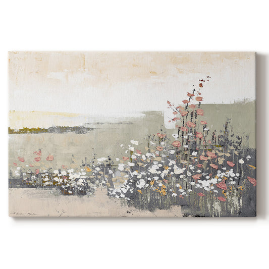 Abstract floral artwork featuring soft pastel colors with a serene background landscape and delicate blossoms suggesting tranquility