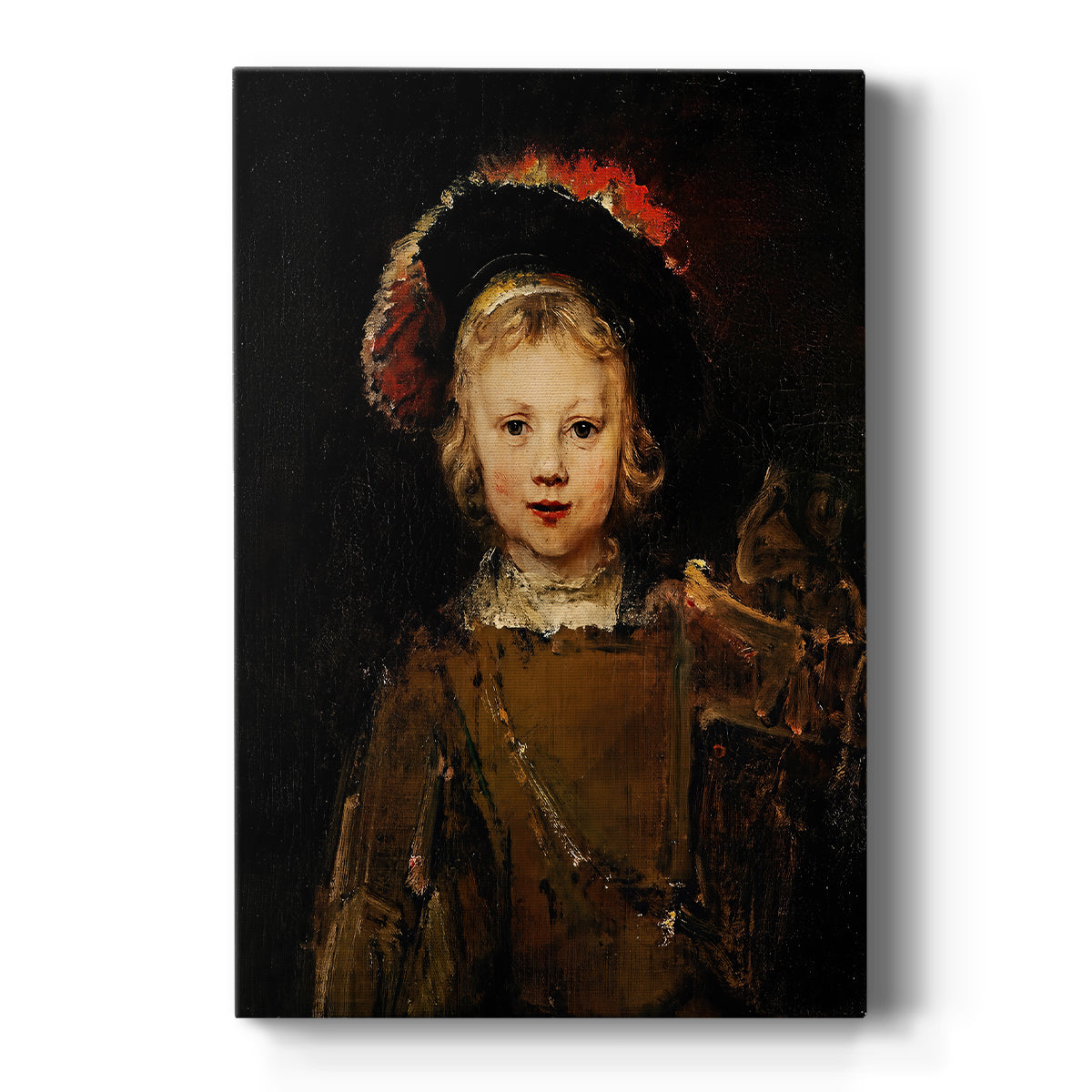 Canvas art print featuring a Baroque portrait of a young boy in ornate costume with warm light on a clean white background.