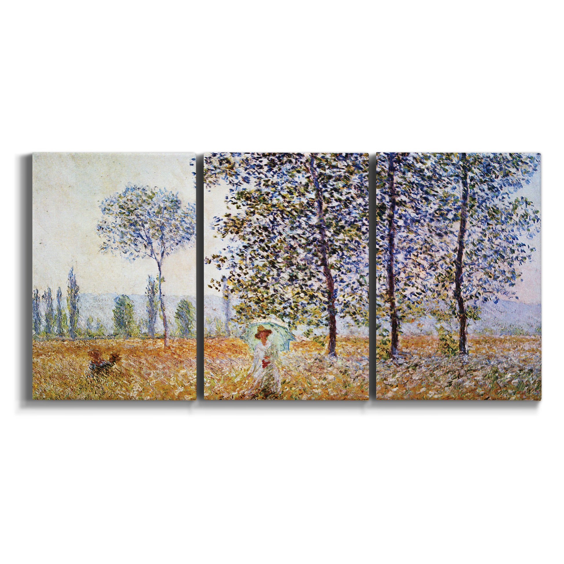 Three-panel canvas wall art featuring three poplar trees beside water on white background.