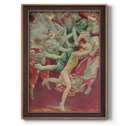 Dramatic mythological scene by John Singer Sargent printed on canvas in an ornate weathered white frame with a vertical orientation.