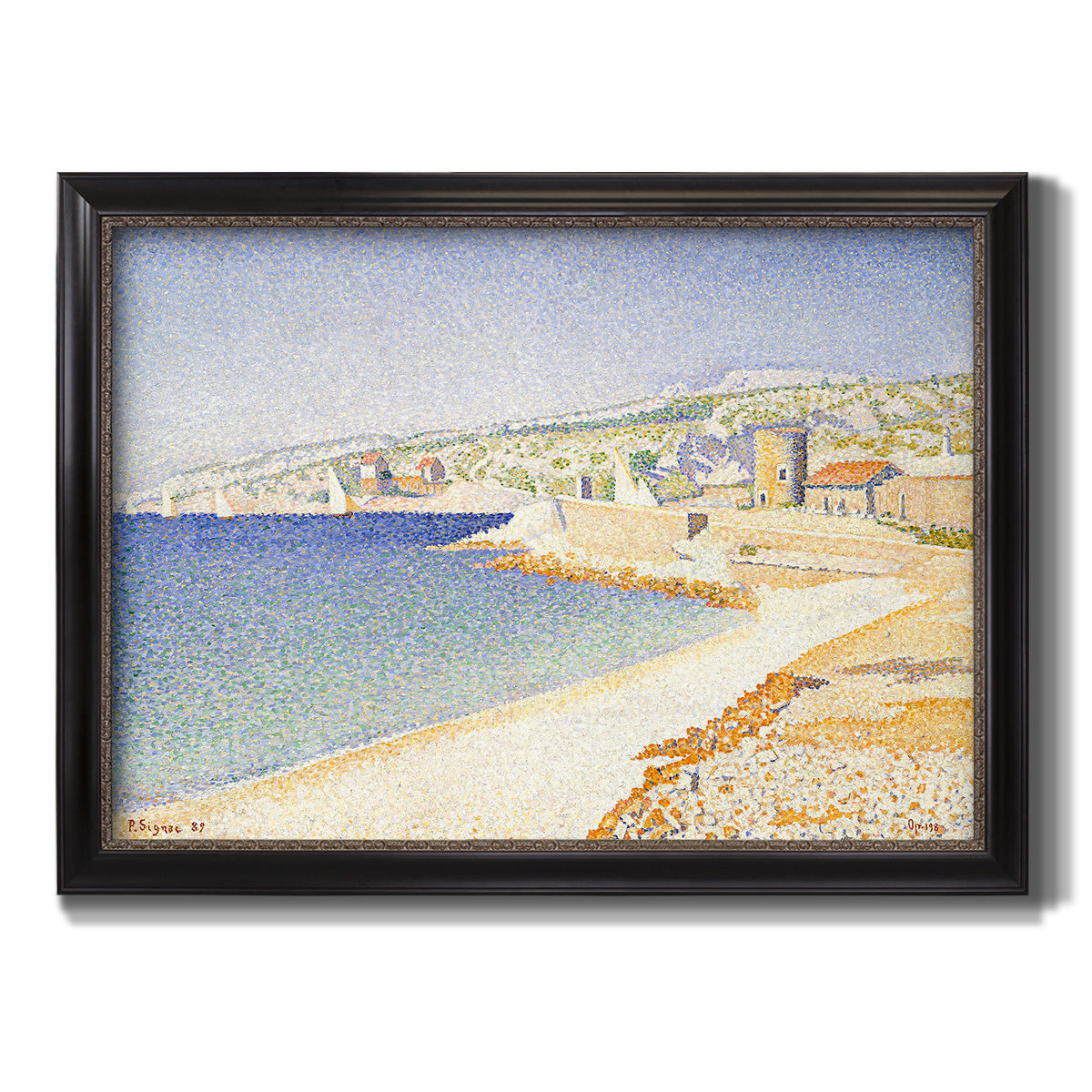 Impressionist Mediterranean jetty seascape by Paul Signac printed on canvas in an ornate black frame with gilded inner detail.