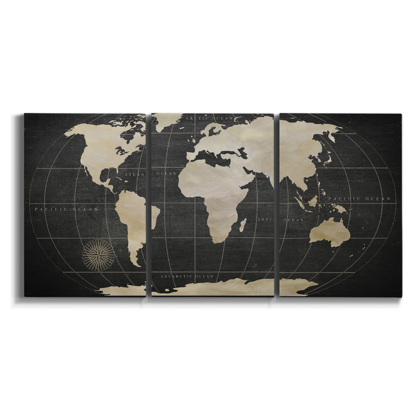 Three-panel canvas wall art featuring antique world map illustration on white background.
