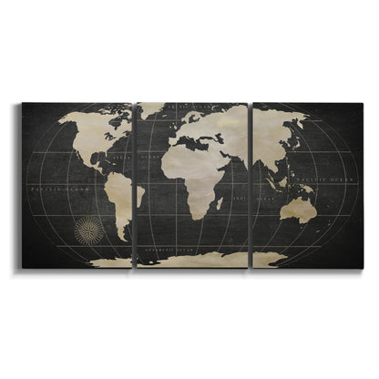 Three-panel canvas wall art featuring antique world map illustration on white background.