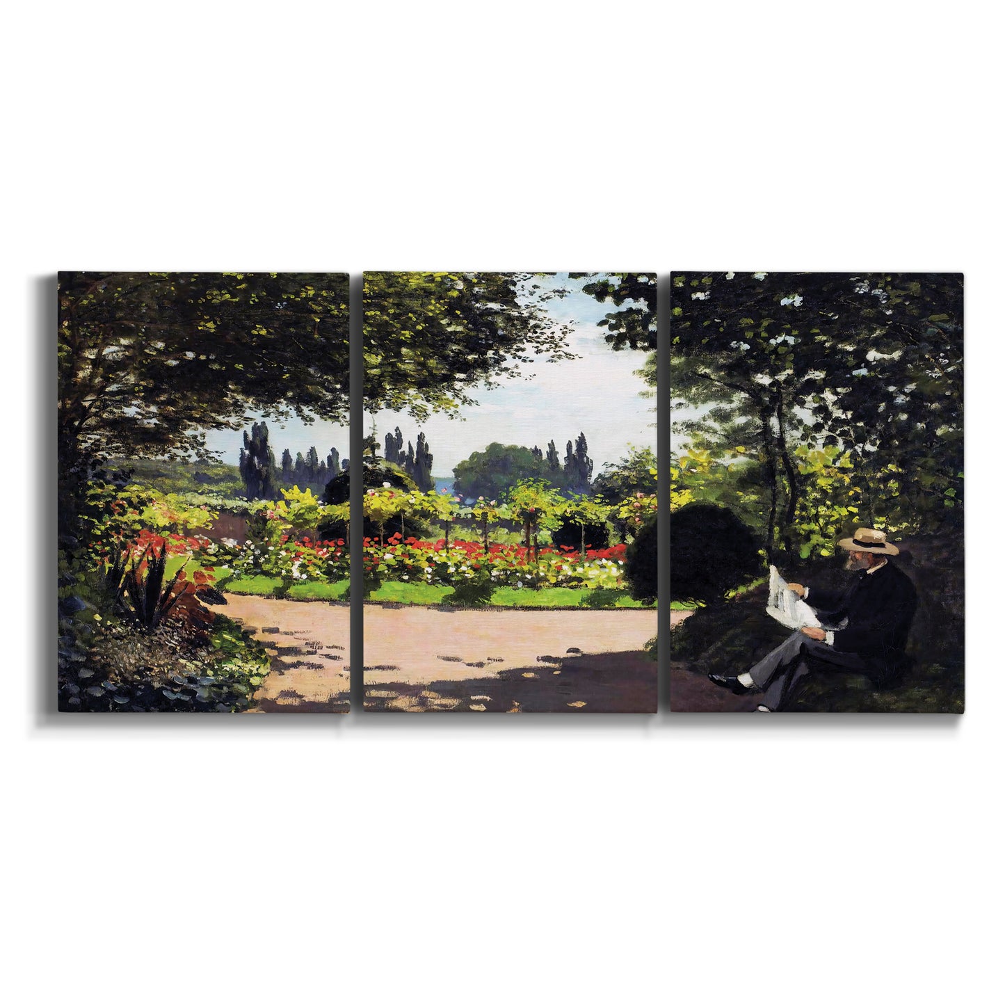 Three-panel canvas wall art featuring coastal garden overlooking sea on white background.