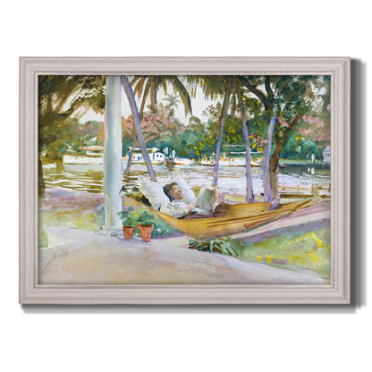 Impressionist leisure portrait scene by John Singer Sargent printed on canvas in an ornate weathered white frame.