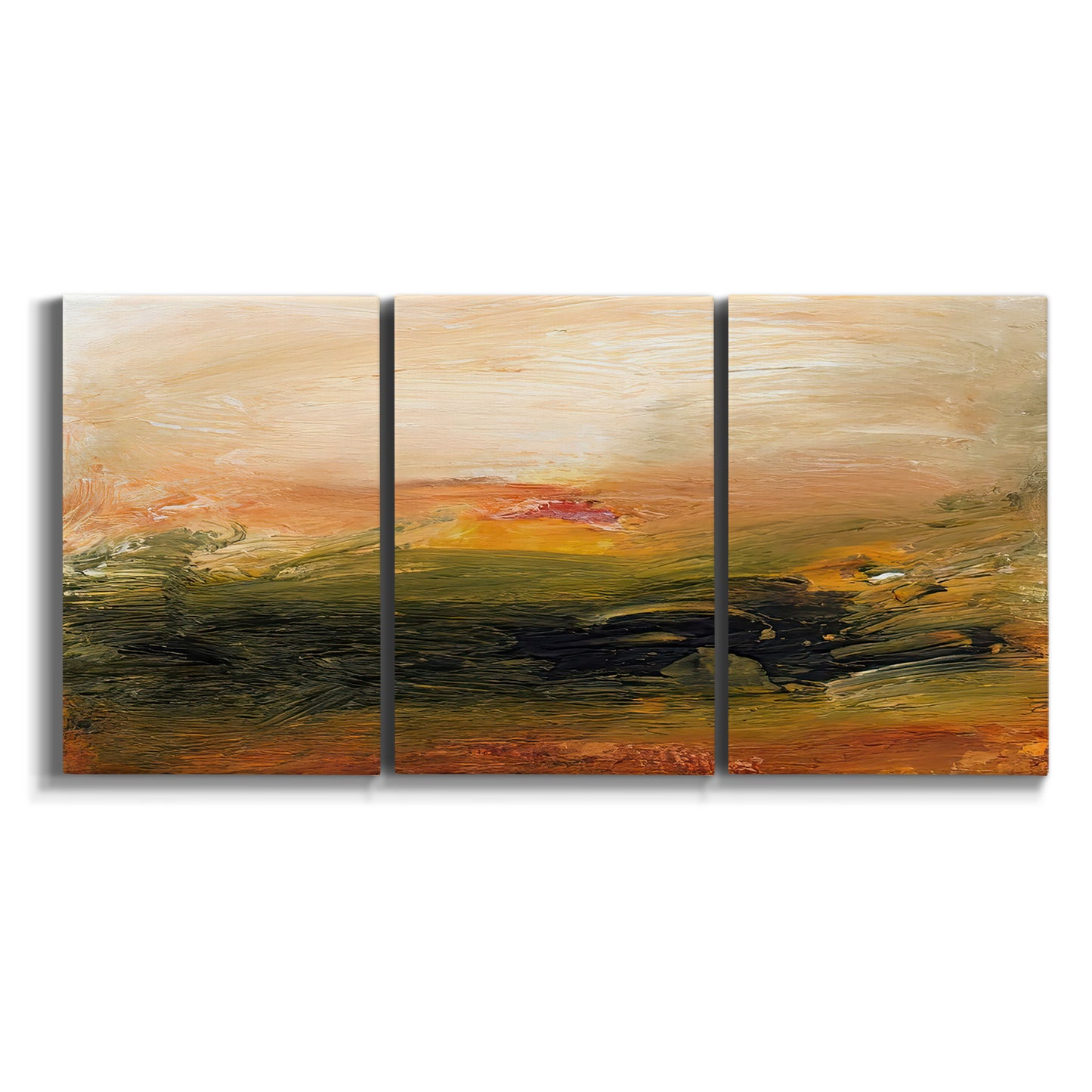 Three-panel canvas wall art featuring soft abstract evening light on white background.