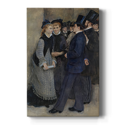 Canvas art print featuring an impressionist scene of figures exiting a building in soft natural light on a clean white background.