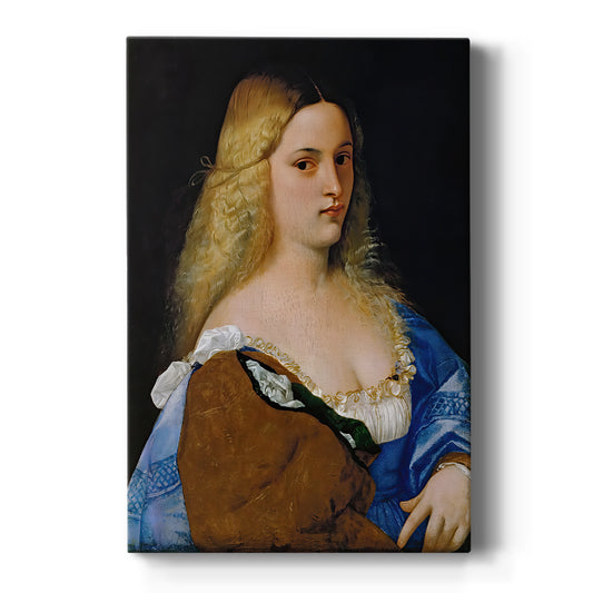 Canvas art print featuring a Renaissance portrait of a young woman with soft light and warm tones on a clean white background.