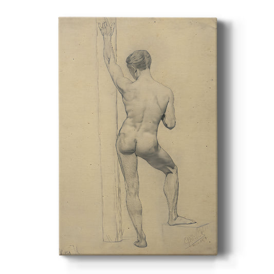 Canvas art print featuring a figure study of a male nude seen from the back with soft shading on a clean white background.