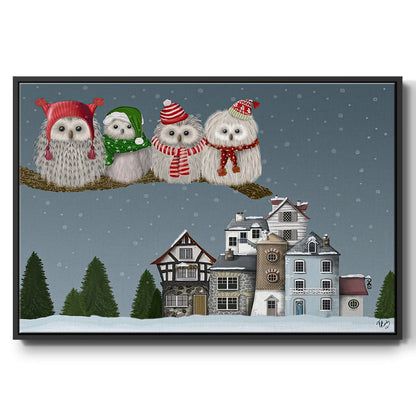 Christmas Christmas Owl Village - Framed Gallery Wrapped Canvas in Floating Frame