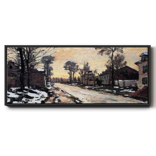 Road to Louveciennes, melting snow children, sunset by Monet - Floater Framed Canvas Print