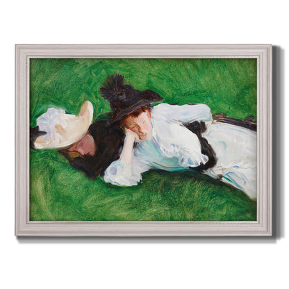 Impressionist outdoor portrait of two girls by John Singer Sargent printed on canvas in an ornate weathered white frame.